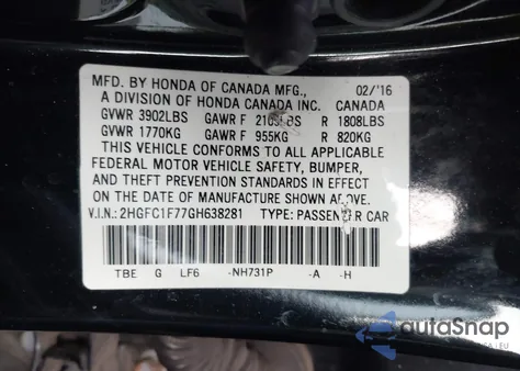 2016 Honda Civic Ex-L from USA, damaged, VIN 2HGFC1F77GH638281